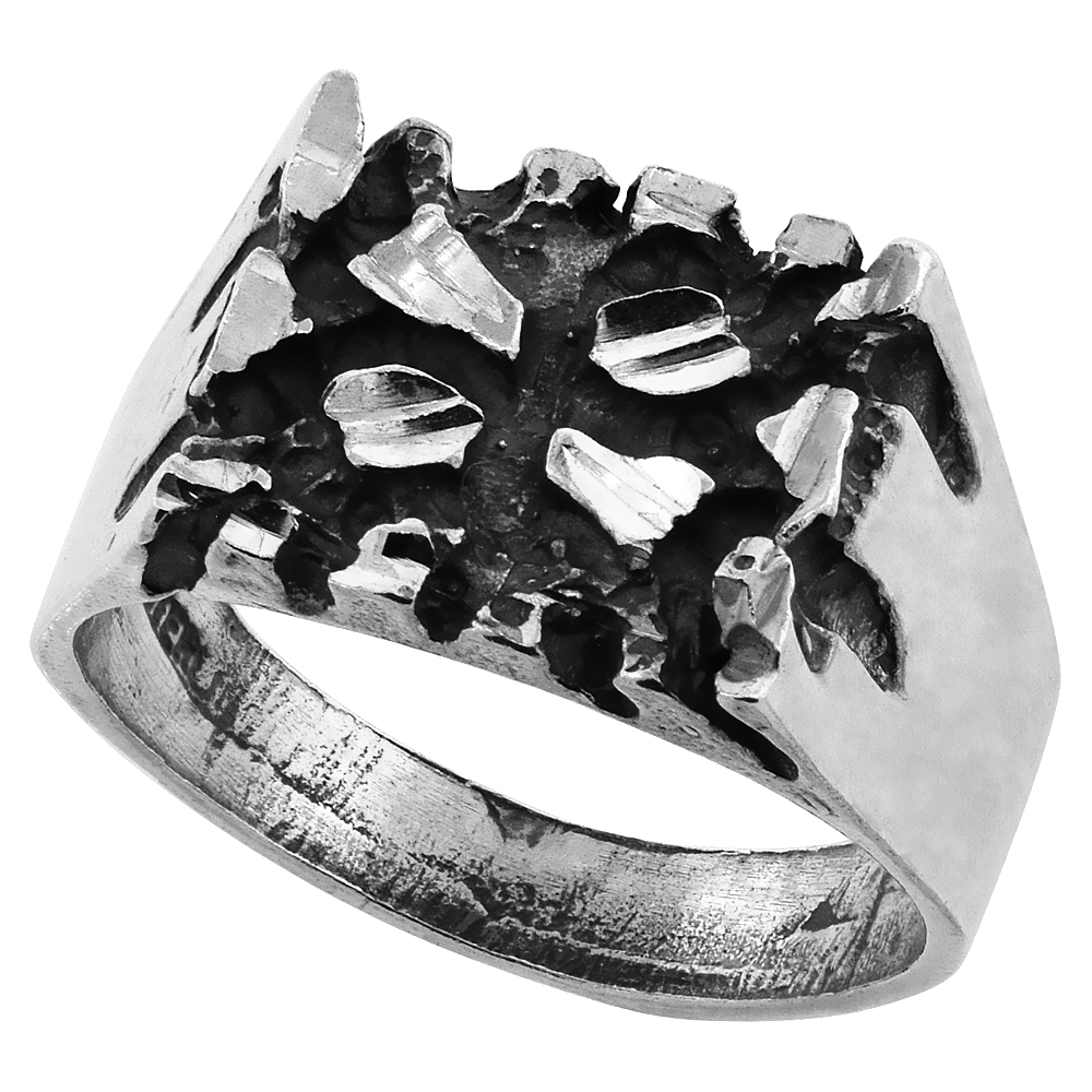 Sterling Silver Square Nugget Ring Oxidized Diamond Cut Finish 1/2 inch wide, sizes 8 - 13