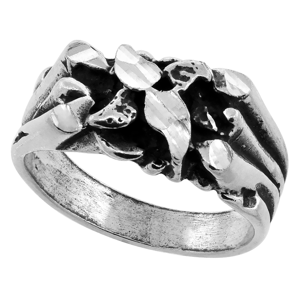 Sterling Silver Nugget Ring Oxidized Diamond Cut Finish 3/8 inch wide, sizes 8 - 13
