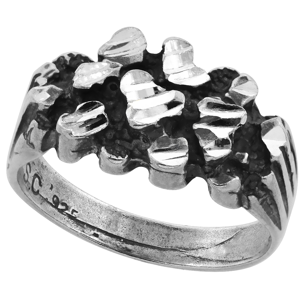 Sterling Silver Nugget Ring Oxidized Diamond Cut Finish 7/16 inch wide, sizes 8 - 13