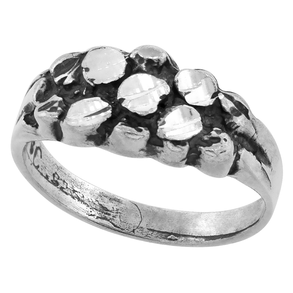 Sterling Silver Baby Nugget Ring Antiqued Finish Diamond Cut Finish 5/16 inch wide, sizes 5 - 9.5