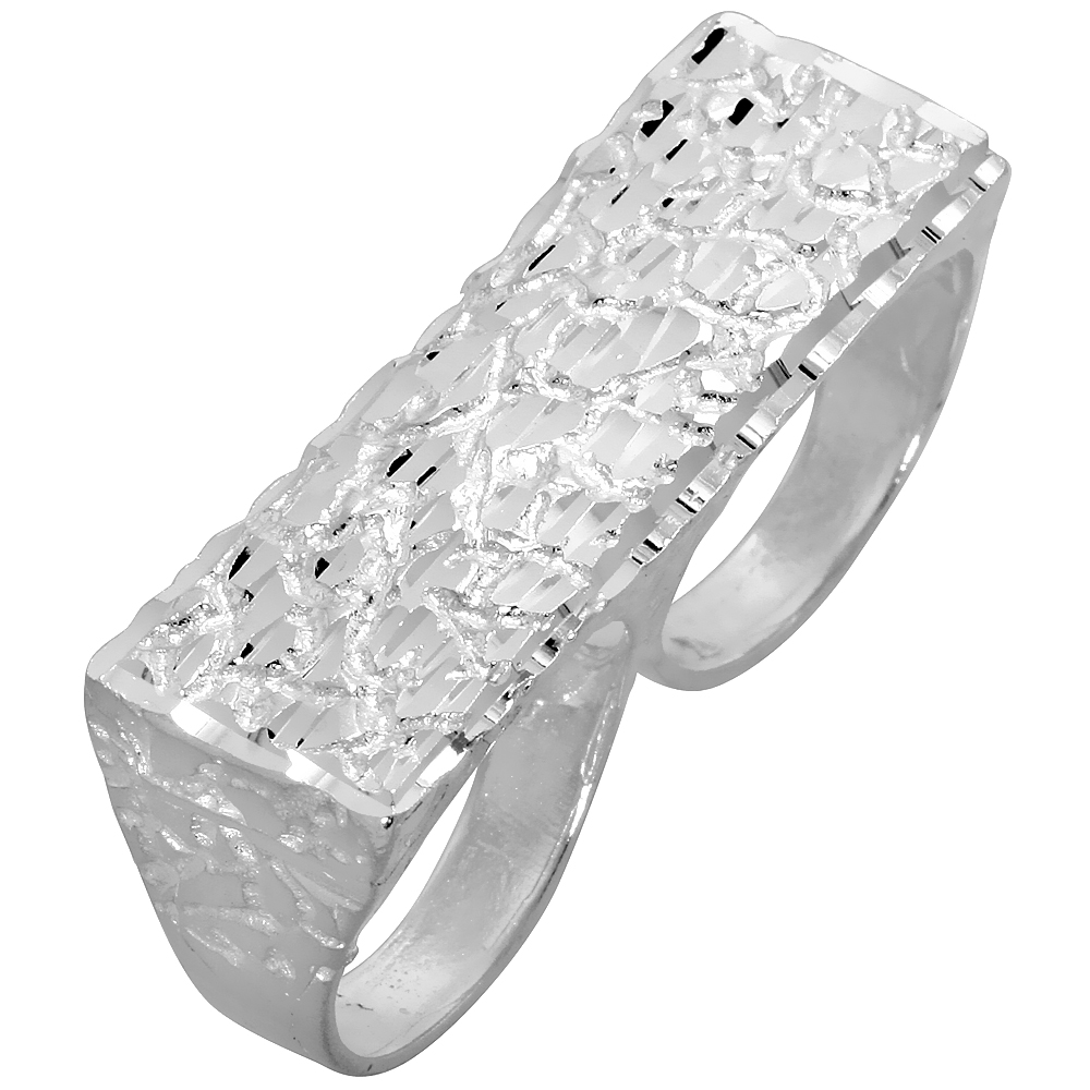 STERLING SILVER TWO FINGER NUGGET RING 9/16 INCH WIDE, SIZES 8 - 13
