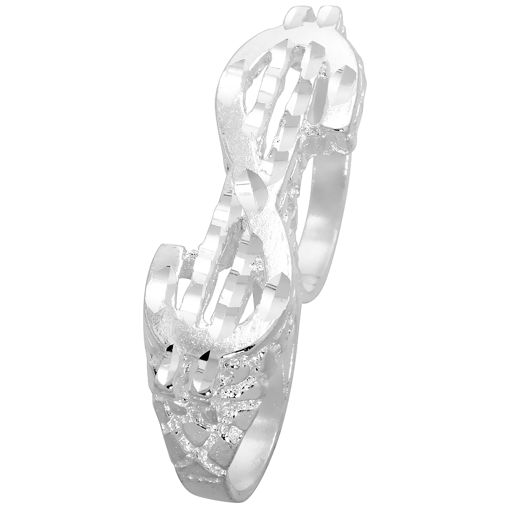 STERLING SILVER TWO FINGER DOLLAR SIGN RING 1/2 INCH WIDE, SIZES 8 - 13