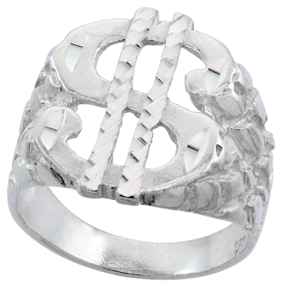Sterling Silver Dollar Sign Ring for Men Diamond Cut Finish 15/16 inch wide size 8-14.5