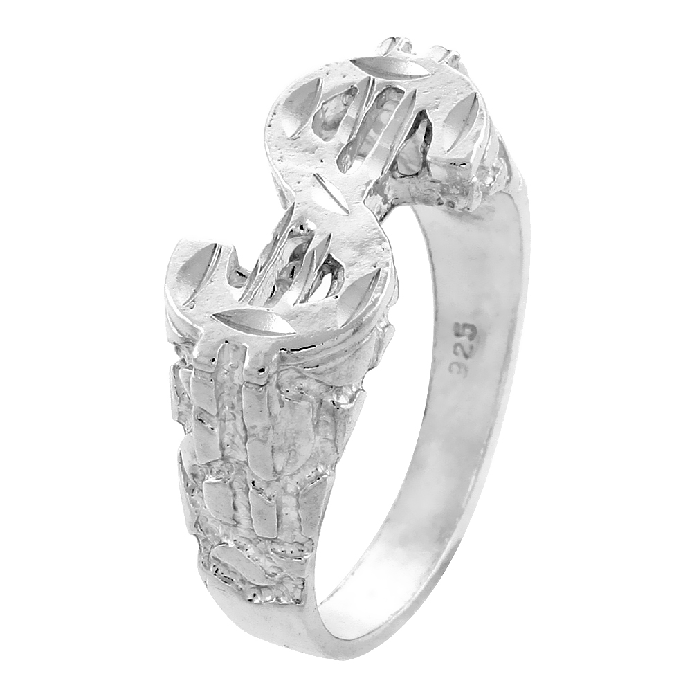 Small Sterling Silver Sideways Dollar Sign Ring for Men Nugget Texture Cut-out 1/2 inch wide sizes 8 - 13