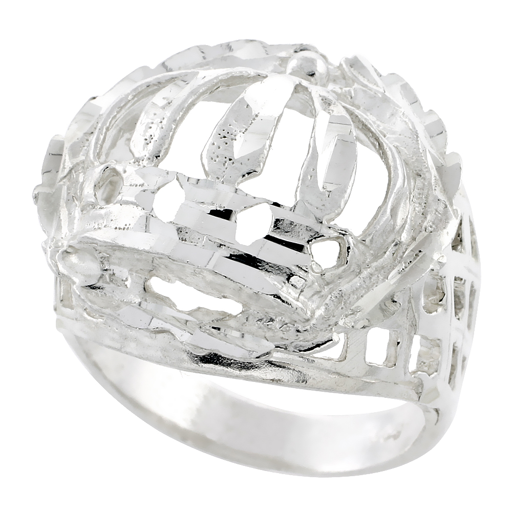 STERLING SILVER WREATH BORDER CROWN RING FOR MEN CUT OUT 15/16 INCH WIDE SIZES 8 - 13