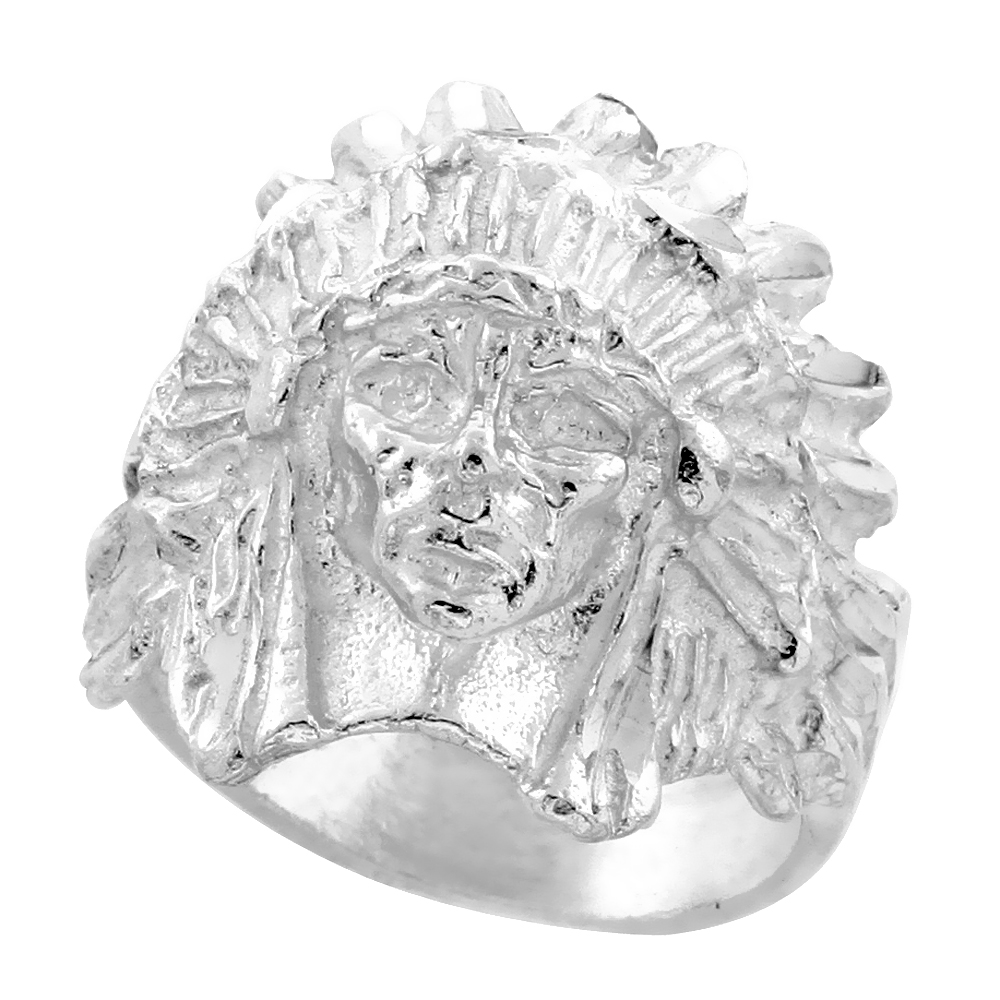 STERLING SILVER INDIAN CHIEF RING FOR MEN WITH WAR BONNET 7/8 INCH WIDE SIZES 8 - 13