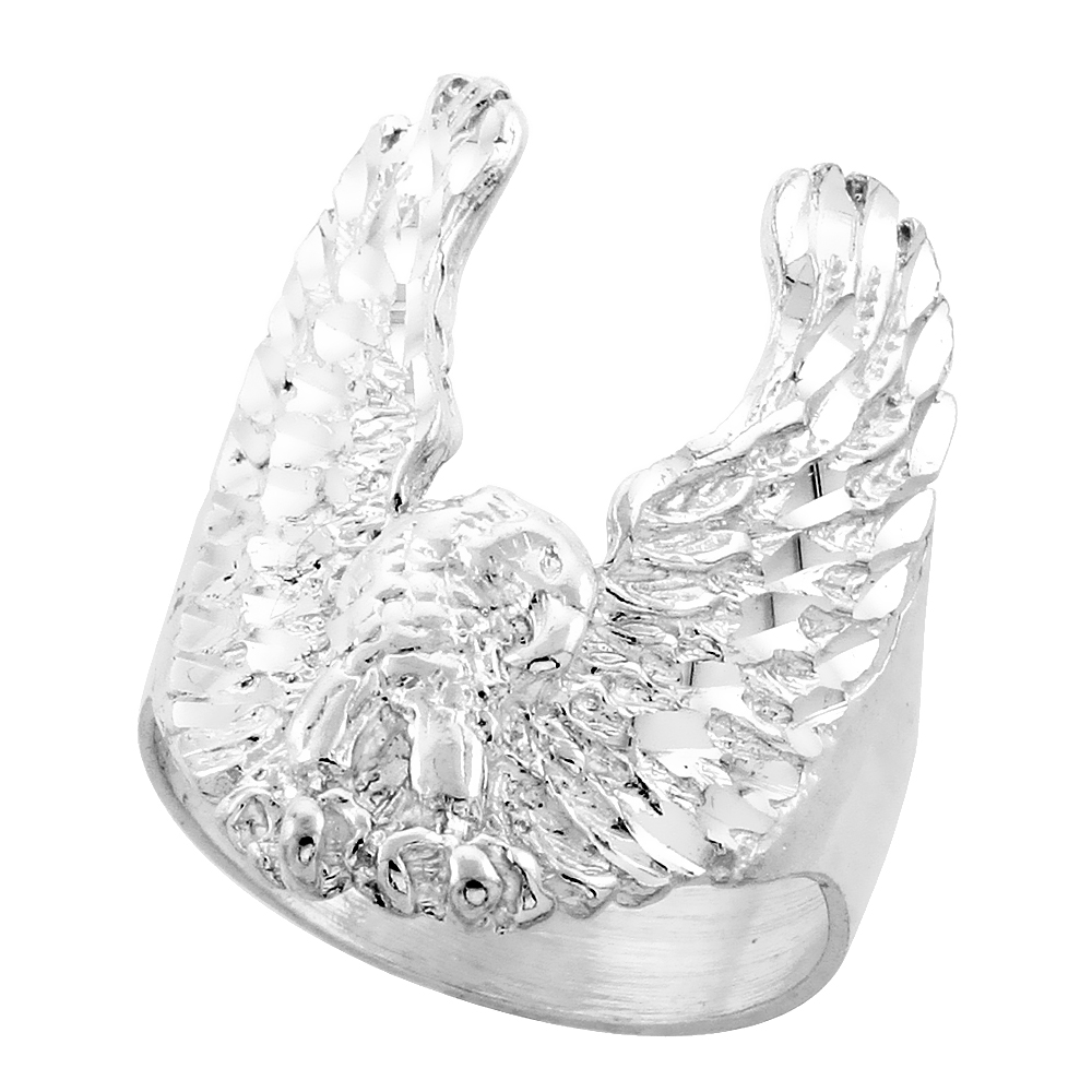 LARGE STERLING SILVER OPEN WING EAGLE RING FOR MEN 1 1/8 INCH WIDE SIZES 8 - 13