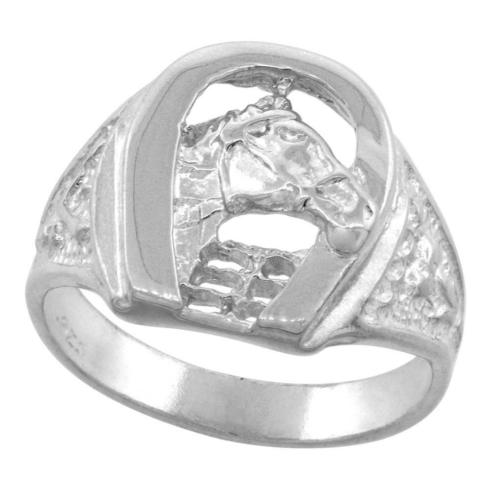 STERLING SILVER HORSESHOE RING FOR MEN HORSE HEAD DIAMOND CUT FINISH 5/8 INCH WIDE SIZES 8 - 14