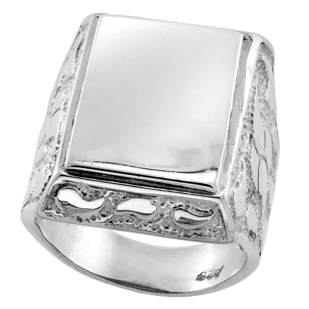 STERLING SILVER PAISLEY PATTERN NUGGET SIGNET RING FOR MEN RECTANGULAR 1 INCH WIDE SIZES 8 - 13