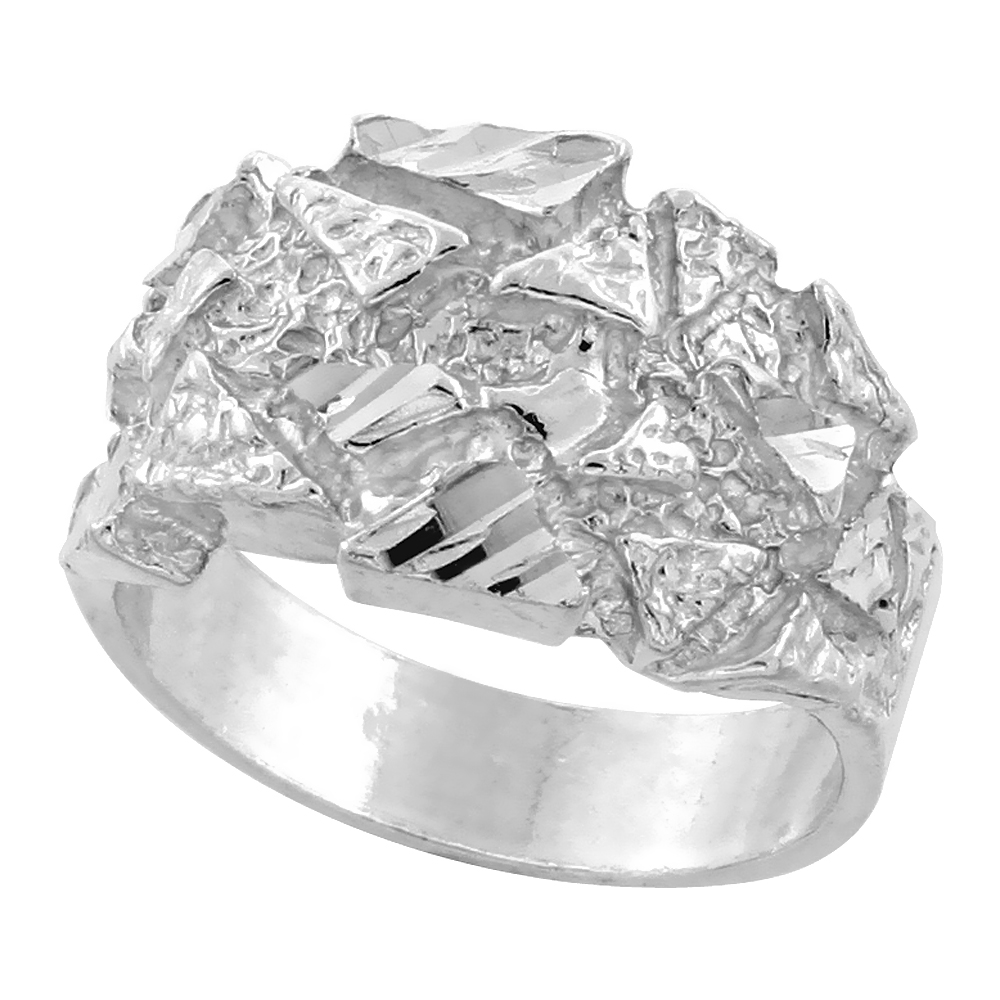 STERLING SILVER TRIANGLE PATTERN NUGGET RING FOR MEN 1/2 INCH WIDE SIZES 8 - 13
