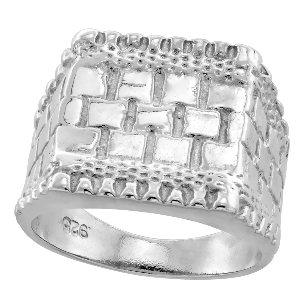 STERLING SILVER HORIZANTAL GROOVES SQUARE NUGGET RING FOR MEN 11/16 INCH WIDE SIZES 8 - 13