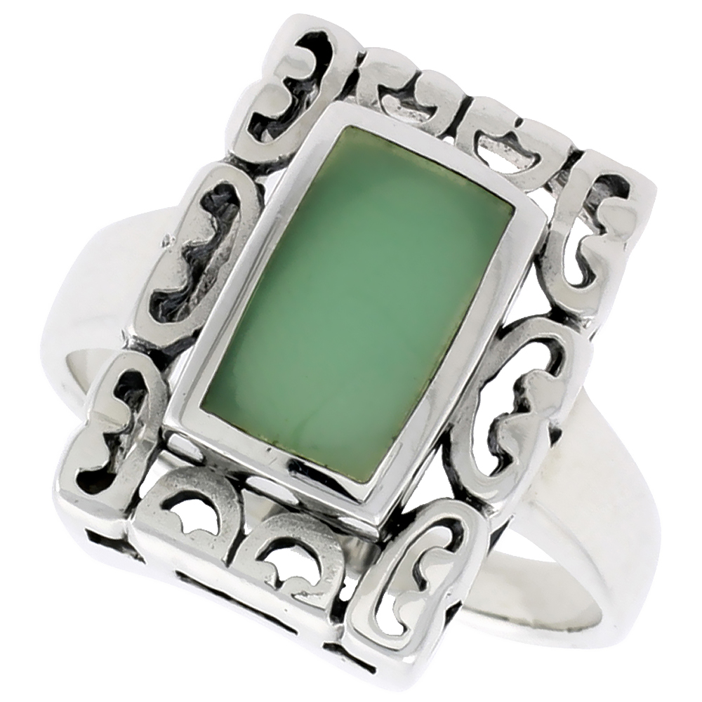 STERLING SILVER RING, W/ 10 X 6 MM RECTANGULAR GREEN RESIN, 3/4 INCH (18 MM) WIDE