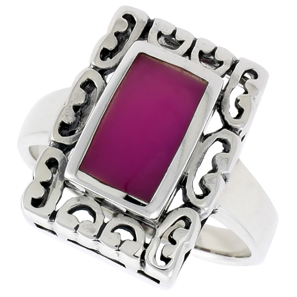 STERLING SILVER RING, W/ 10 X 6 MM RECTANGULAR PURPLE RESIN, 3/4 INCH (18 MM) WIDE