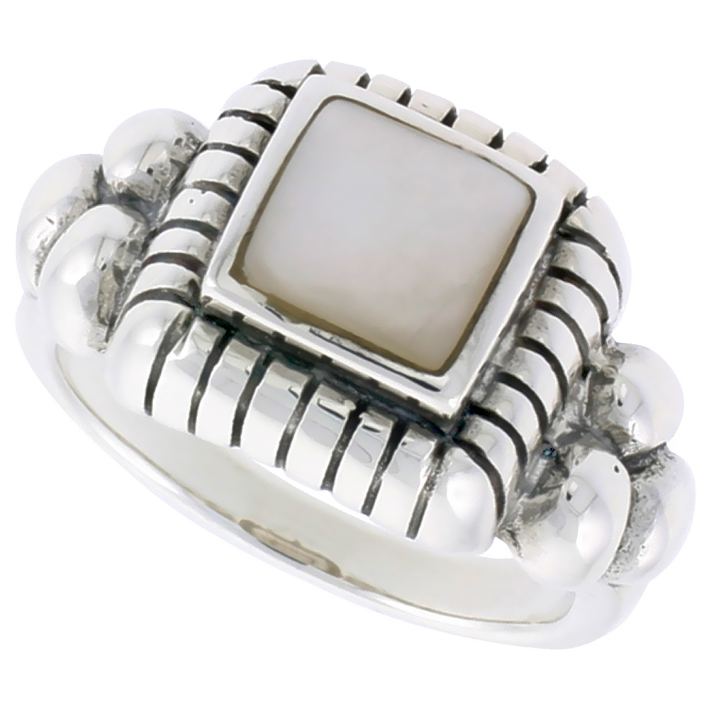 STERLING SILVER RING, W/ 8MM SQUARE-SHAPED MOTHER OF PEARL, 1/2 INCH (13 MM) WIDE