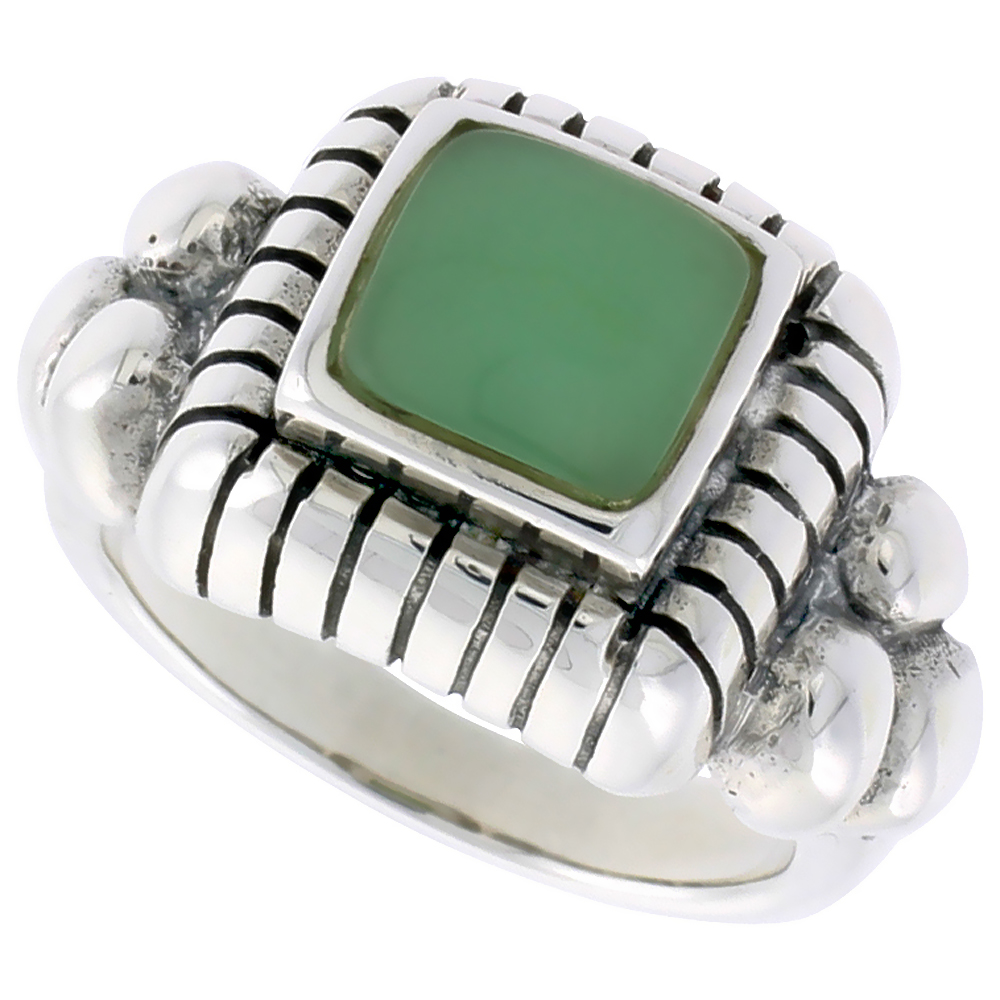 STERLING SILVER RING, W/ 8MM SQUARE-SHAPED GREEN RESIN, 1/2 INCH (13 MM) WIDE