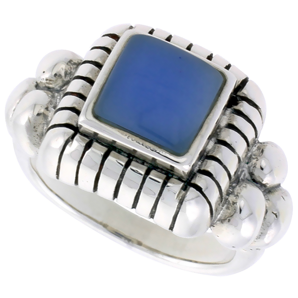 STERLING SILVER RING, W/ 8MM SQUARE-SHAPED BLUE RESIN, 1/2 INCH (13 MM) WIDE