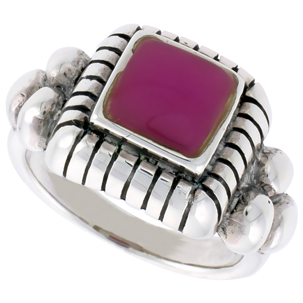 STERLING SILVER RING, W/ 8MM SQUARE-SHAPED PURPLE RESIN, 1/2 INCH (13 MM) WIDE