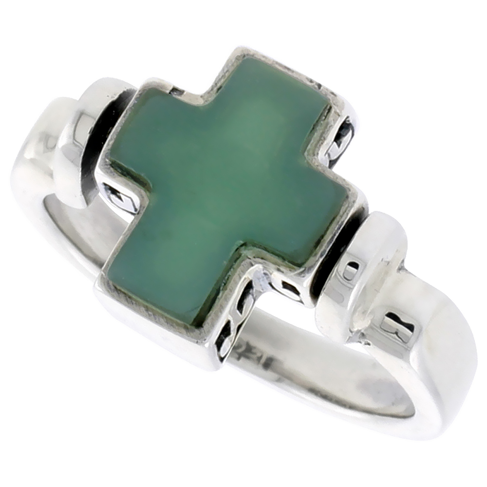 STERLING SILVER CROSS RING W/ GREEN RESIN, 1/2 INCH (12 MM) WIDE
