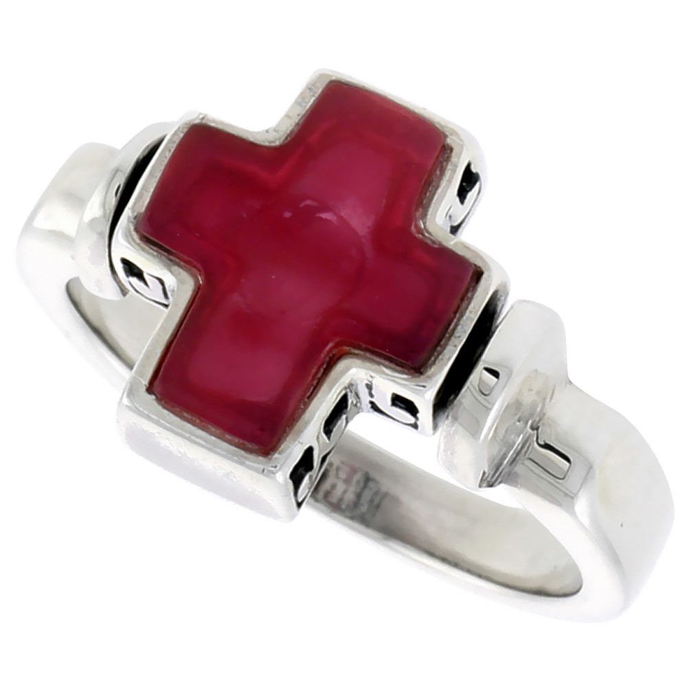 STERLING SILVER CROSS RING W/ RED RESIN, 1/2 INCH (12 MM) WIDE