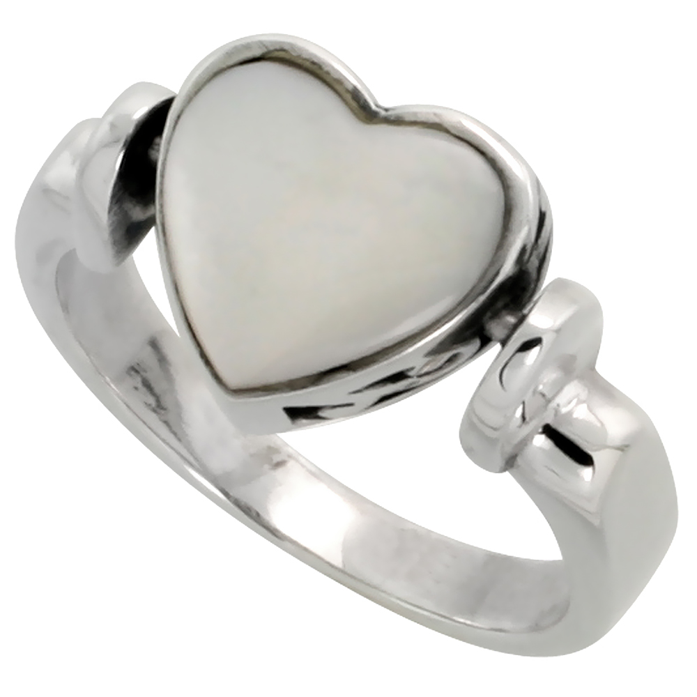 STERLING SILVER HEART RING W/ MOTHER OF PEARL, 3/8 INCH (10 MM) WIDE