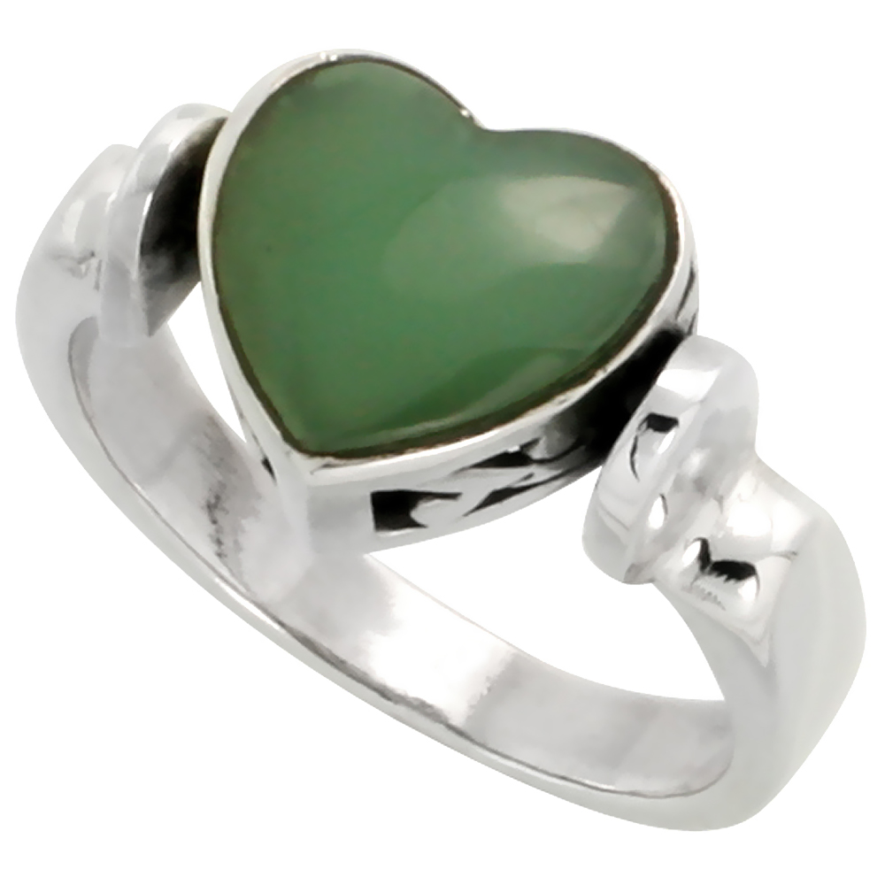 STERLING SILVER HEART RING W/ GREEN RESIN, 3/8 INCH (10 MM) WIDE