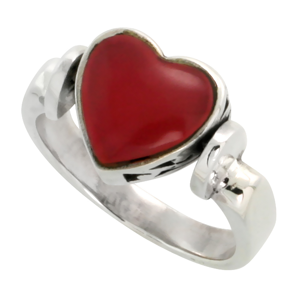 STERLING SILVER HEART RING W/ RED RESIN, 3/8 INCH (10 MM) WIDE