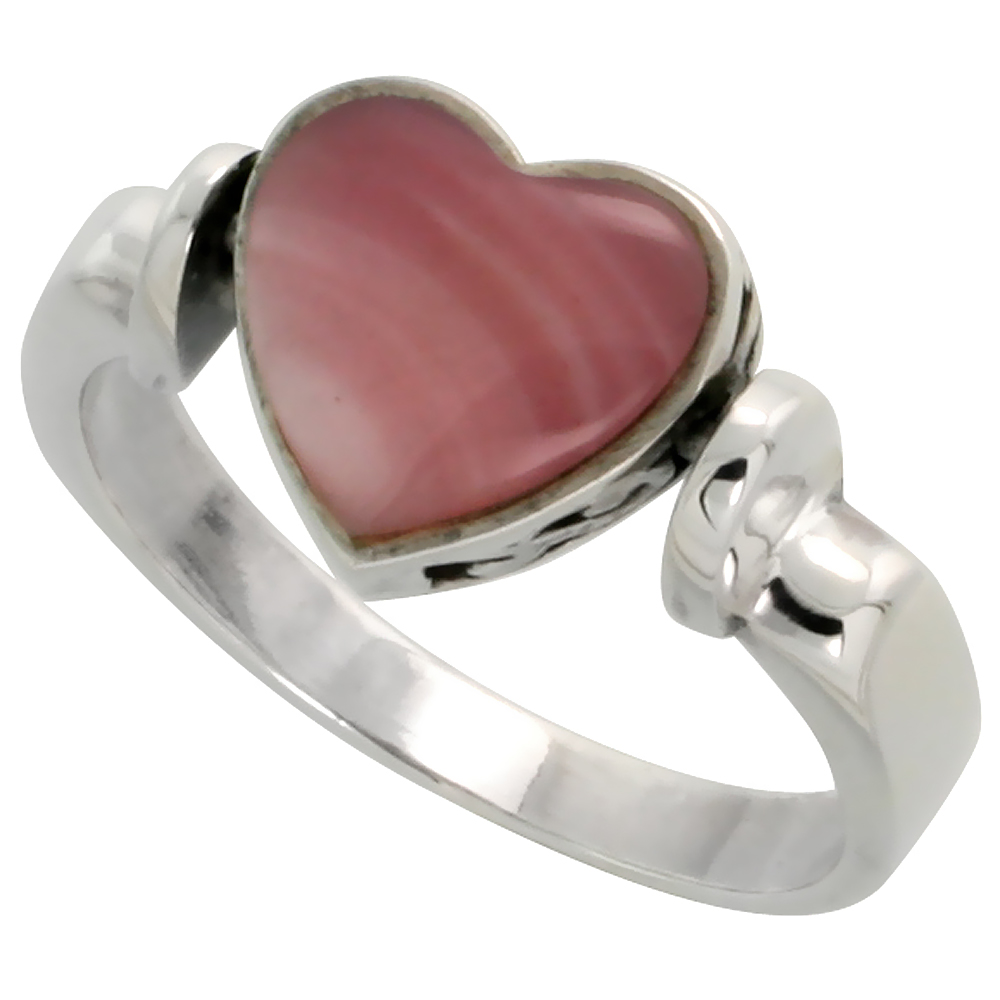 STERLING SILVER HEART RING W/ PINK MOTHER OF PEARL, 3/8 INCH (10 MM) WIDE