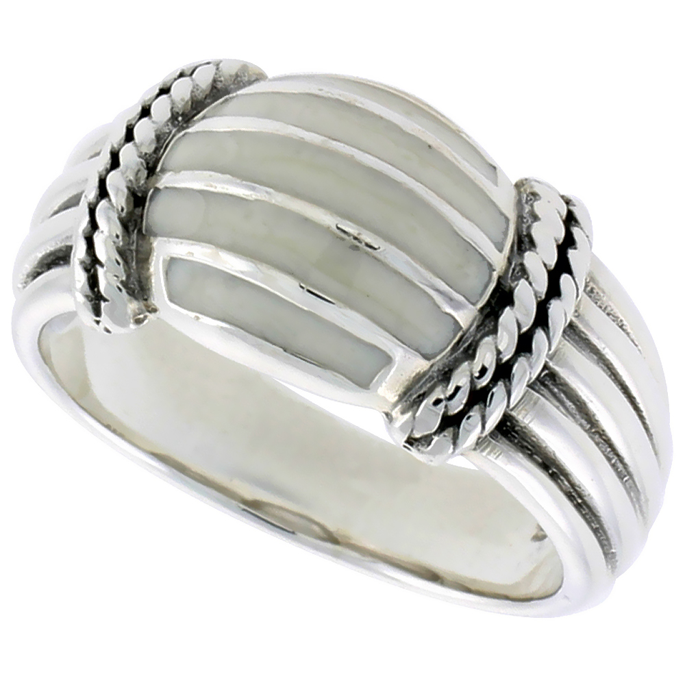 STERLING SILVER DOME RING, W/ MOTHER OF PEARL, 3/8 INCH (10 MM) WIDE