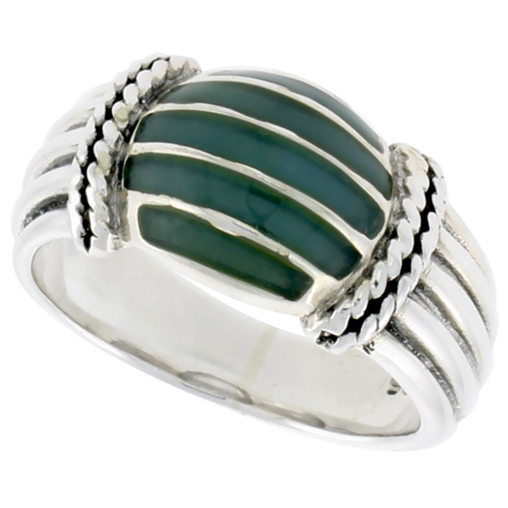 STERLING SILVER DOME RING, W/ GREEN RESIN, 3/8 INCH (10 MM) WIDE