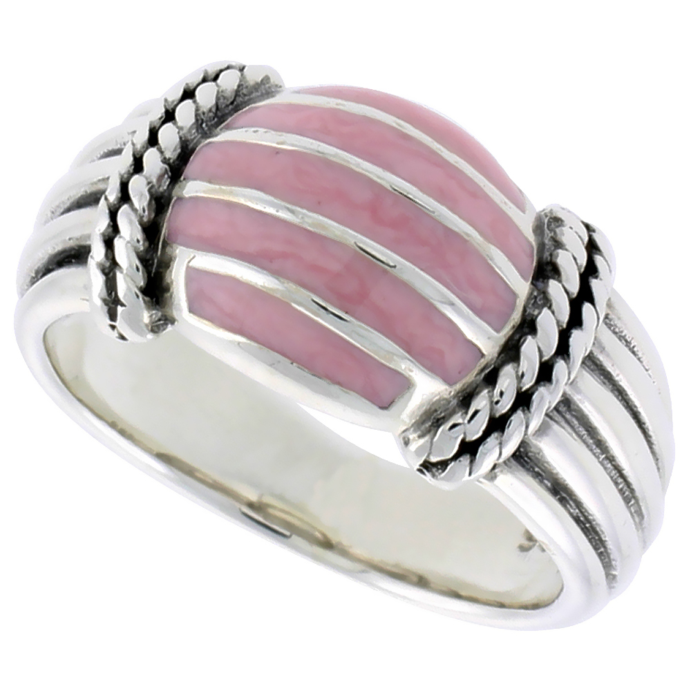 STERLING SILVER DOME RING, W/ PINK MOTHER OF PEARL, 3/8 INCH (10 MM) WIDE