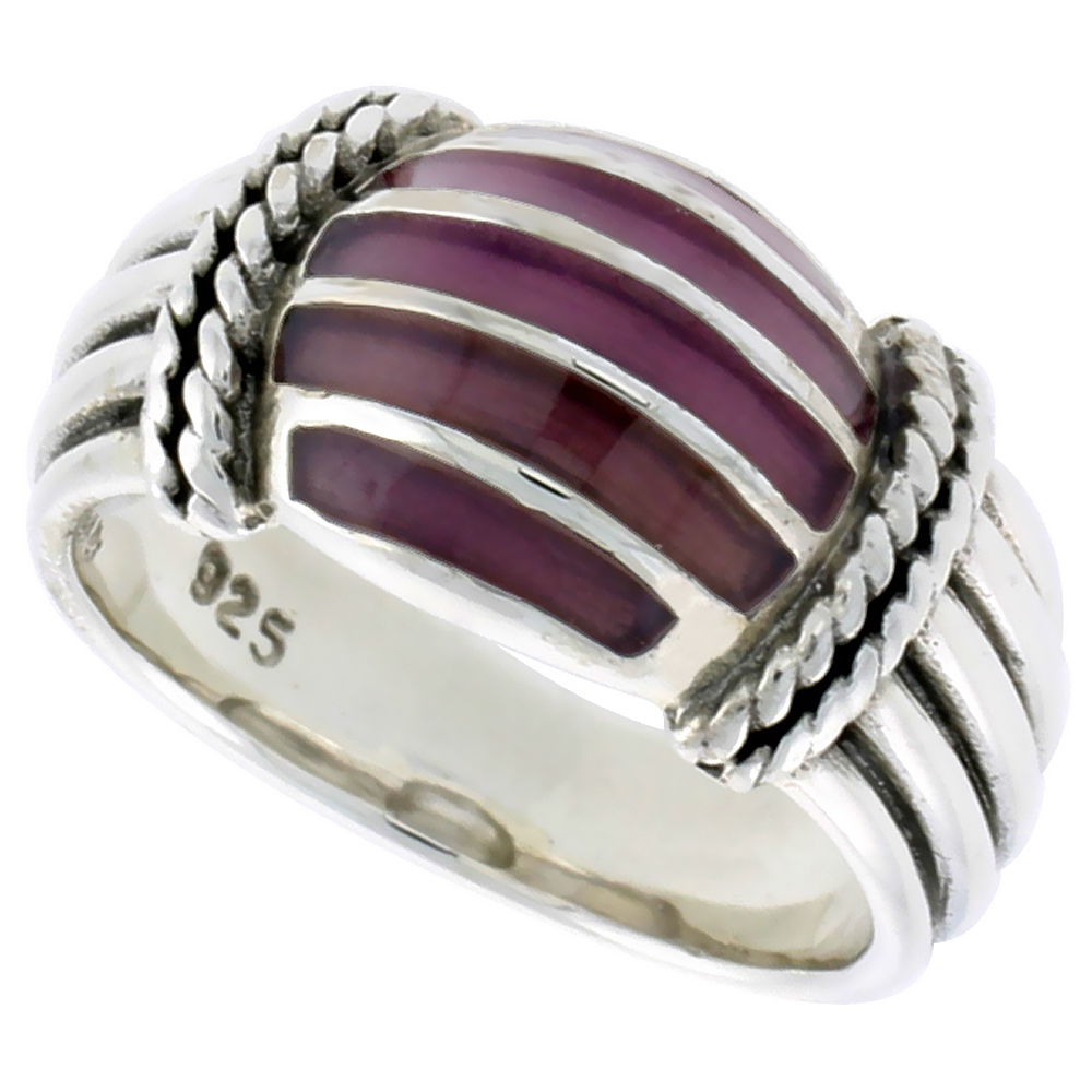 STERLING SILVER DOME RING, W/ DARK VIOLET ENAMEL, 3/8 INCH (10 MM) WIDE