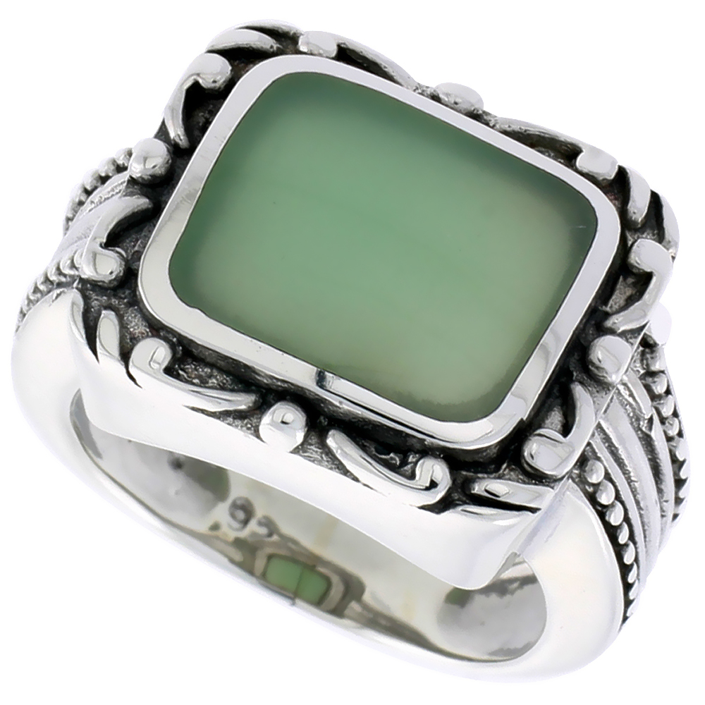 STERLING SILVER RING, W/ 12 X 9 MM RECTANGULAR GREEN RESIN, 1/2 INCH (14 MM) WIDE