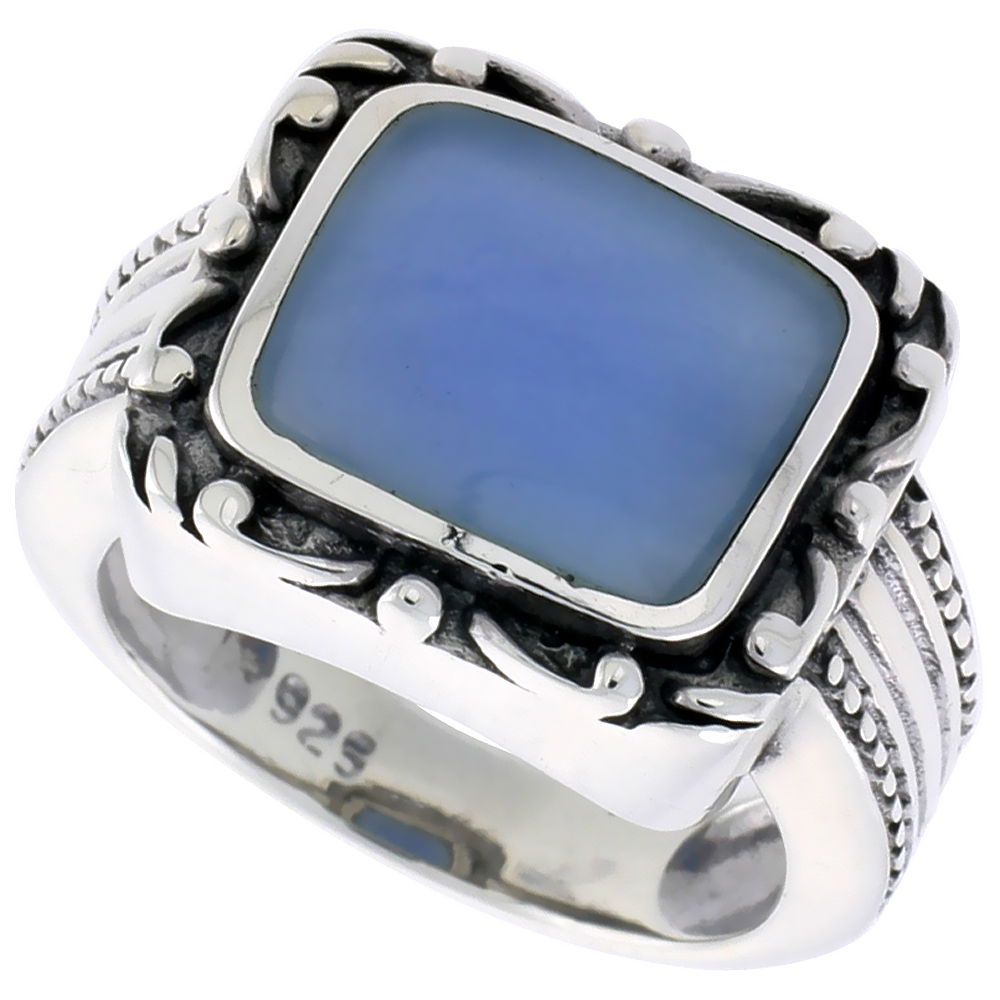 STERLING SILVER RING, W/ 12 X 9 MM RECTANGULAR BLUE RESIN, 1/2 INCH (14 MM) WIDE