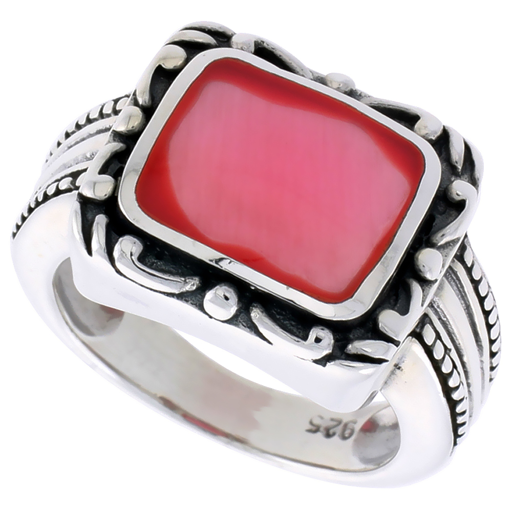 STERLING SILVER RING, W/ 12 X 9 MM RECTANGULAR RED RESIN, 1/2 INCH (14 MM) WIDE