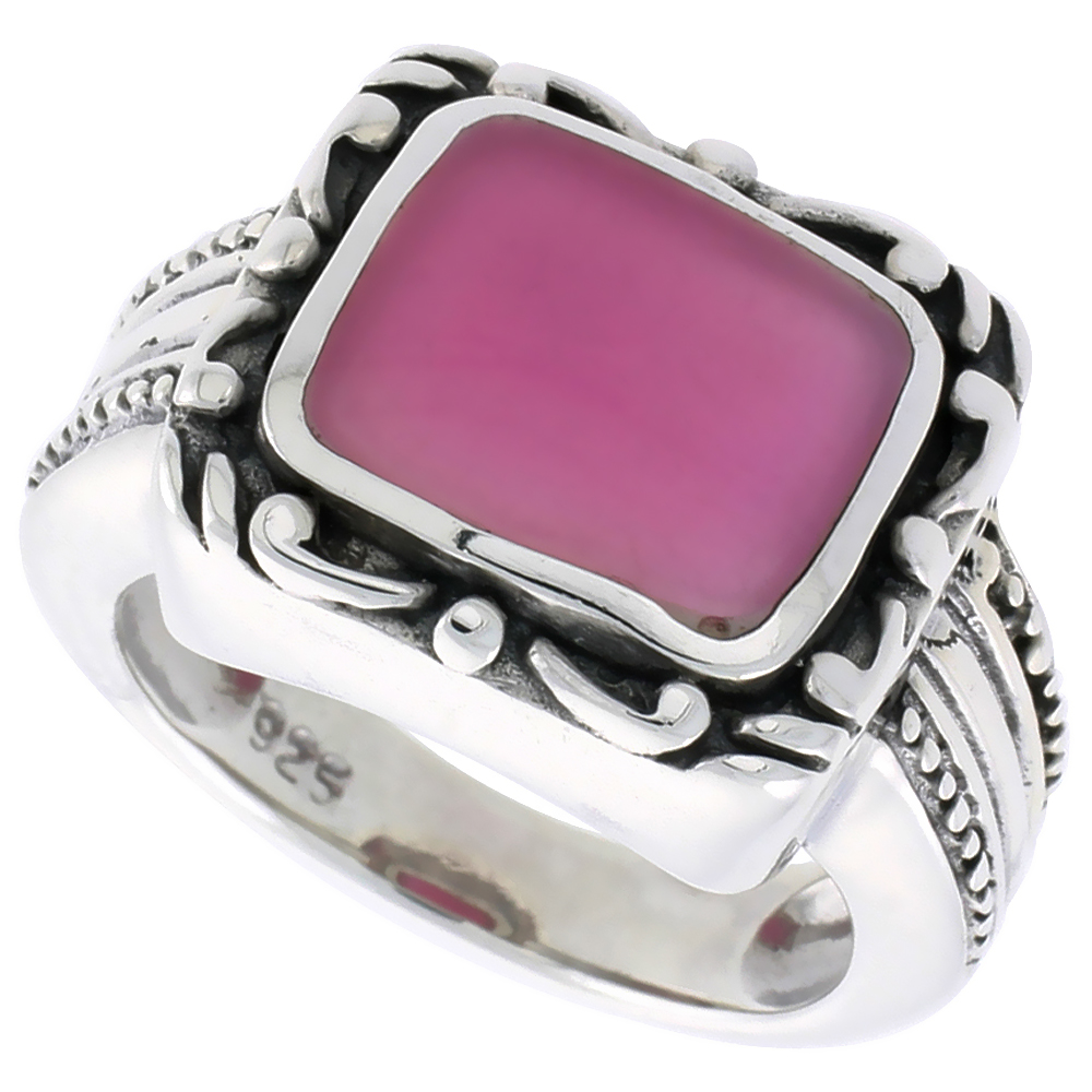 STERLING SILVER RING, W/ 12 X 9 MM RECTANGULAR PURPLE RESIN, 1/2 INCH (14 MM) WIDE