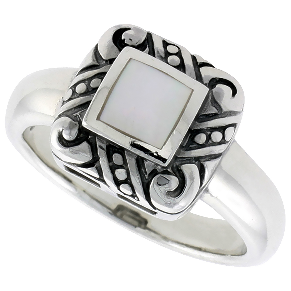 STERLING SILVER RING, W/ 6MM SQUARE-SHAPED MOTHER OF PEARL, 1/2 INCH (11 MM) WIDE