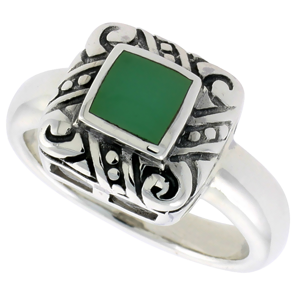 STERLING SILVER RING, W/ 6MM SQUARE-SHAPED GREEN RESIN, 1/2 INCH (11 MM) WIDE