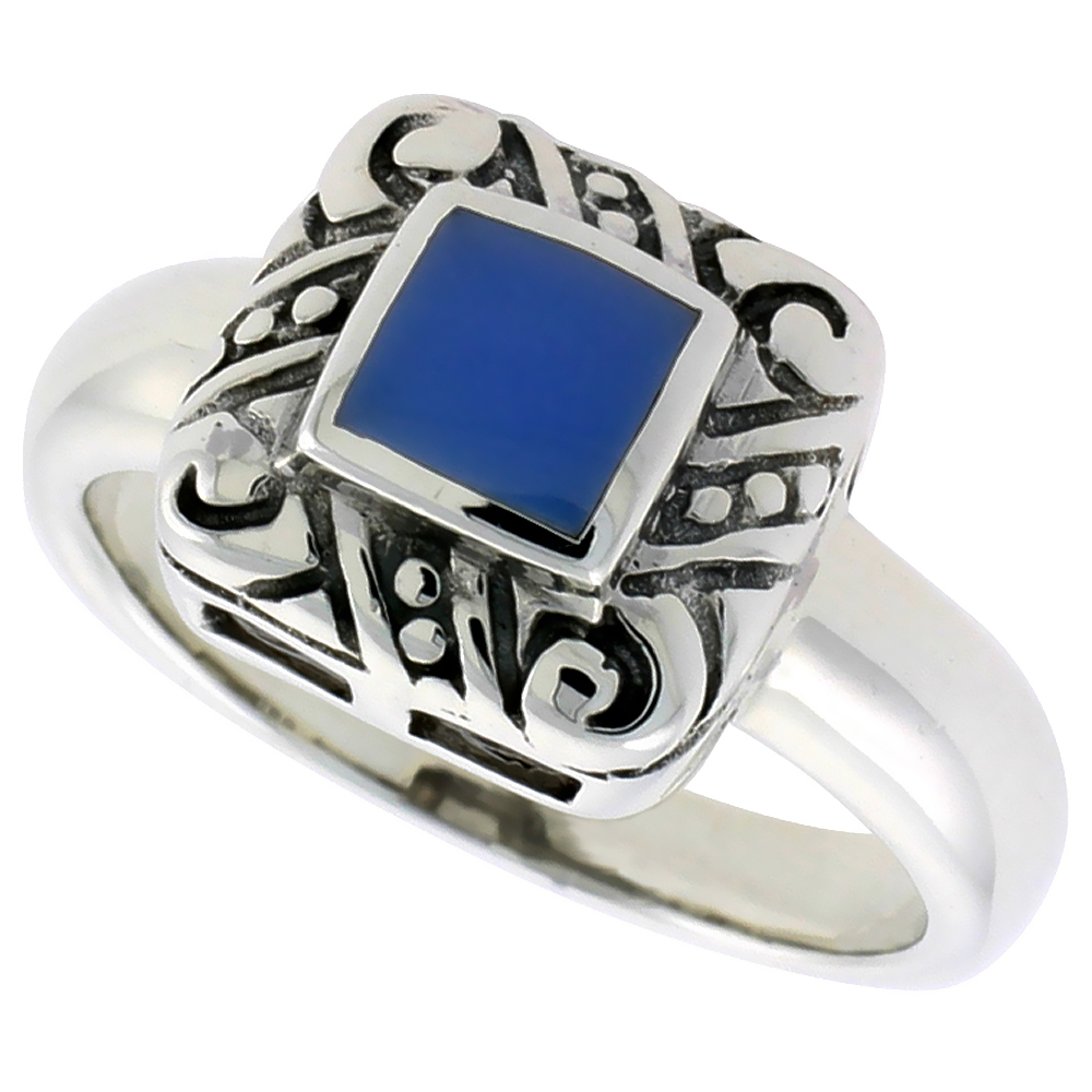 STERLING SILVER RING, W/ 6MM SQUARE-SHAPED BLUE RESIN, 1/2 INCH (11 MM) WIDE