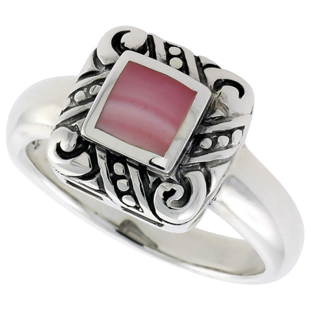 STERLING SILVER RING, W/ 6MM SQUARE-SHAPED PINK MOTHER OF PEARL, 1/2 INCH (11 MM) WIDE