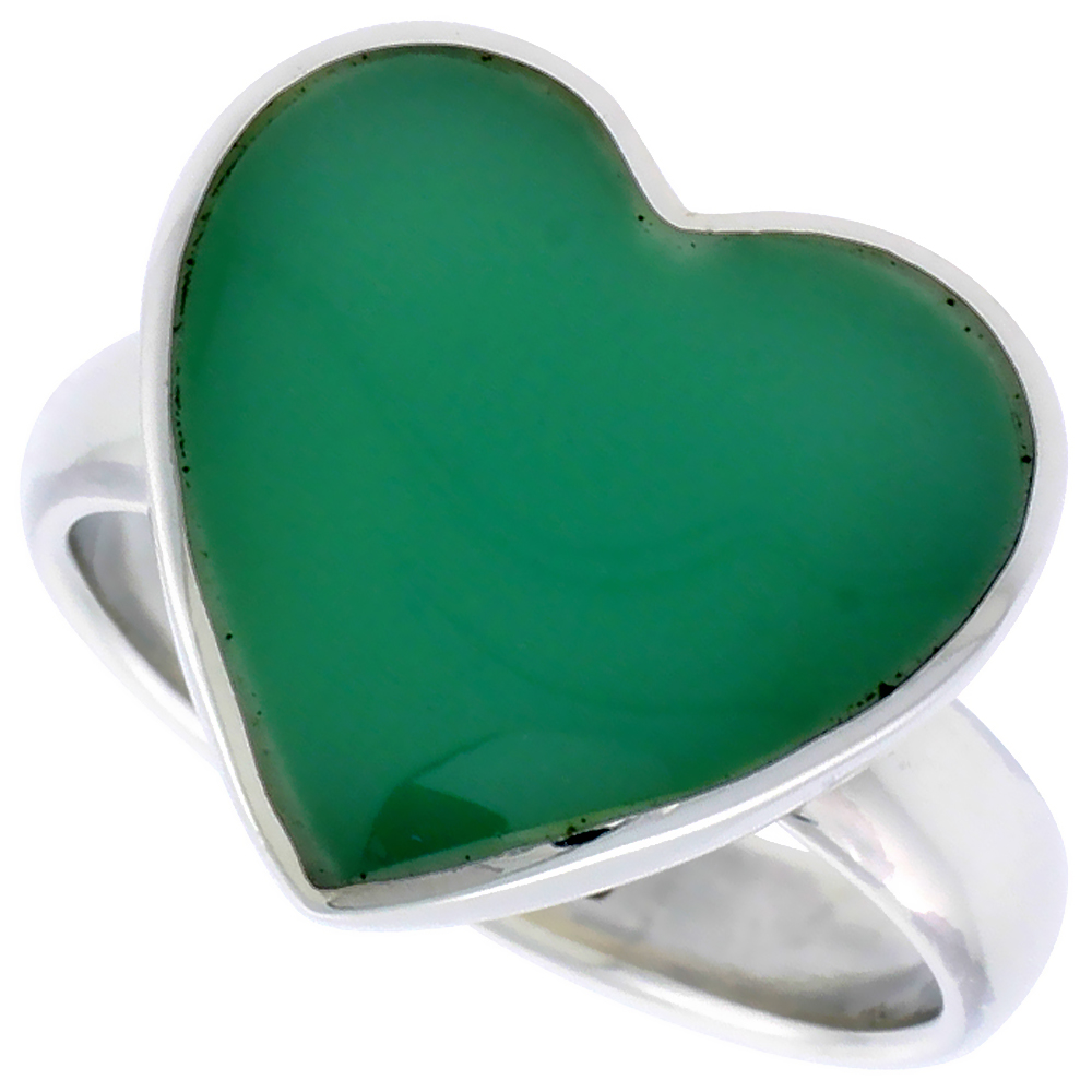 STERLING SILVER HEART RING W/ GREEN RESIN, 5/8 INCH (15 MM) WIDE