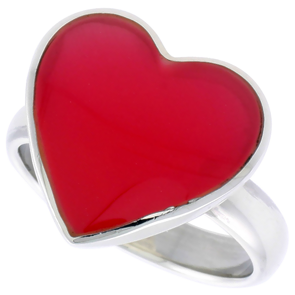 STERLING SILVER HEART RING W/ RED RESIN, 5/8 INCH (15 MM) WIDE
