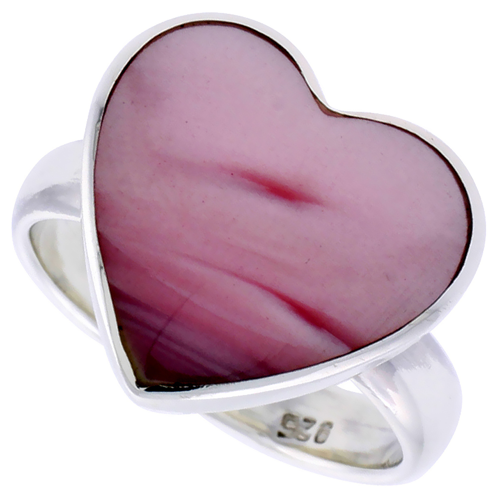STERLING SILVER HEART RING W/ PINK MOTHER OF PEARL, 5/8 INCH (15 MM) WIDE