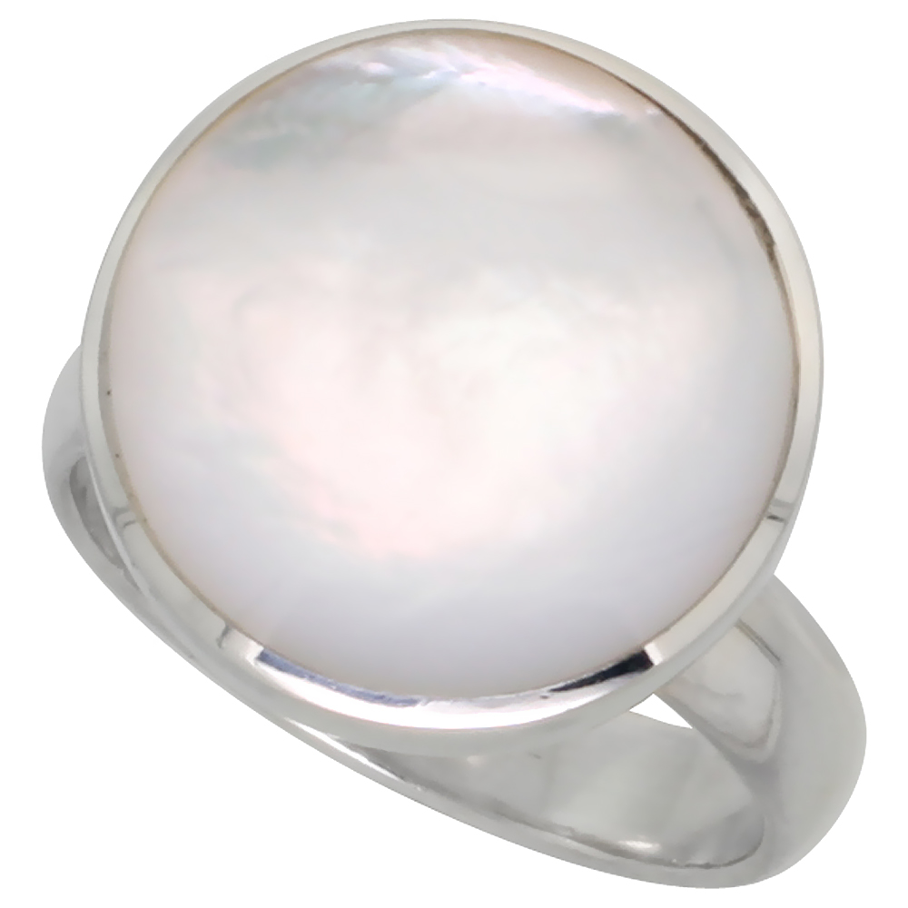 STERLING SILVER RING, W/ 16MM ROUND-SHAPED MOTHER OF PEARL, 5/8 INCH (16 MM) WIDE