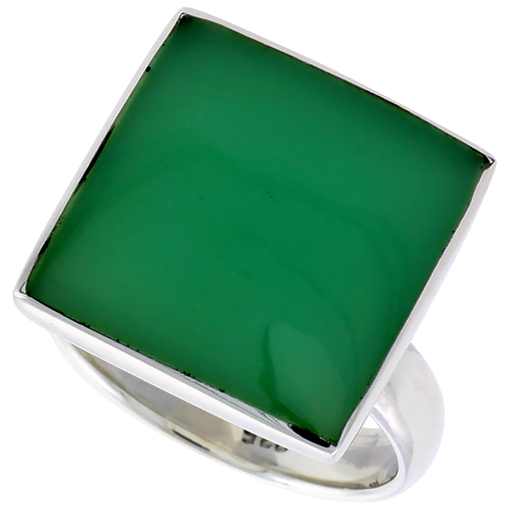 STERLING SILVER RING, W/ 17MM SQUARE-SHAPED GREEN RESIN, 5/8 INCH (16 MM) WIDE