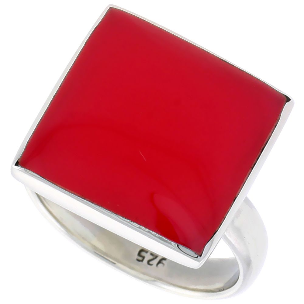 STERLING SILVER RING, W/ 17MM SQUARE-SHAPED RED RESIN, 5/8 INCH (16 MM) WIDE