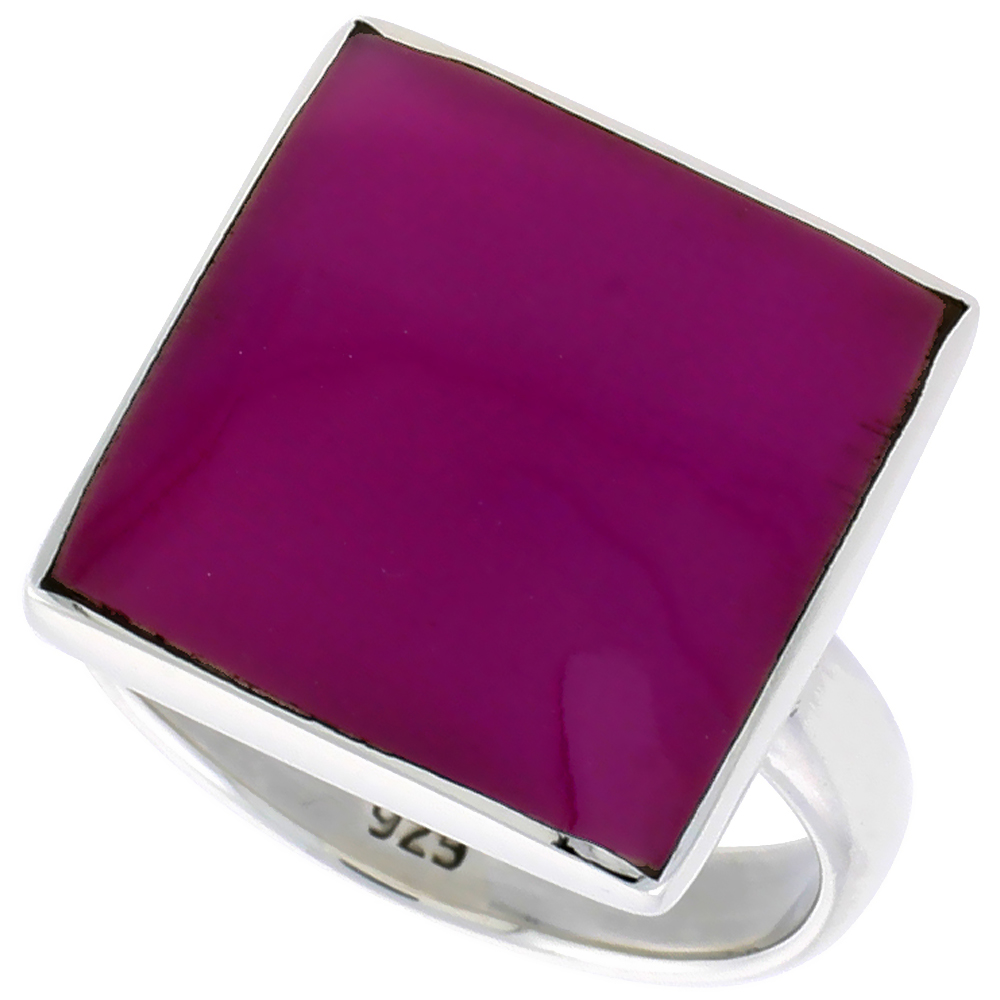 STERLING SILVER RING, W/ 17MM SQUARE-SHAPED PURPLE RESIN, 5/8 INCH (16 MM) WIDE