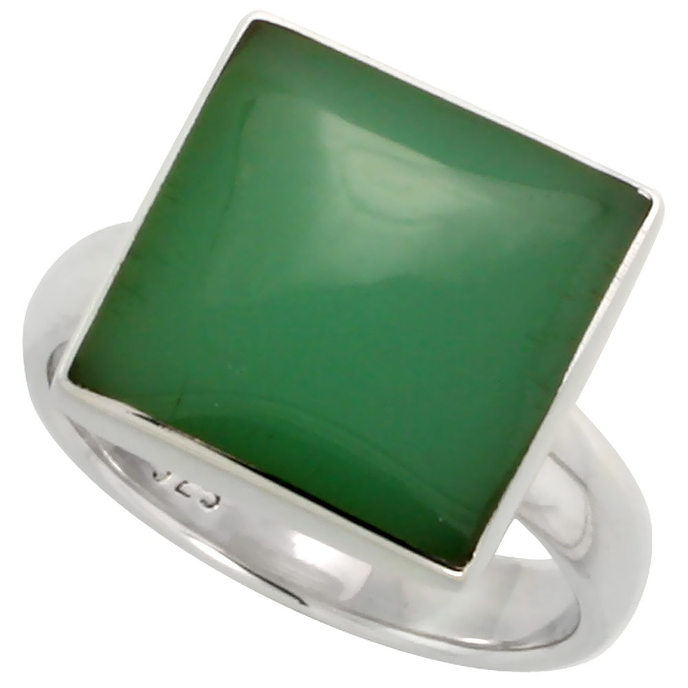 STERLING SILVER RING, W/ 13MM SQUARE-SHAPED GREEN RESIN, 1/2 INCH (13 MM) WIDE