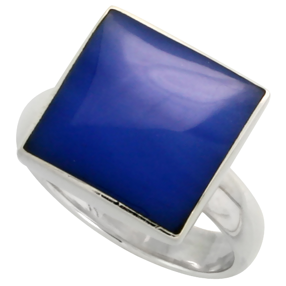 STERLING SILVER RING, W/ 13MM SQUARE-SHAPED BLUE RESIN, 1/2 INCH (13 MM) WIDE