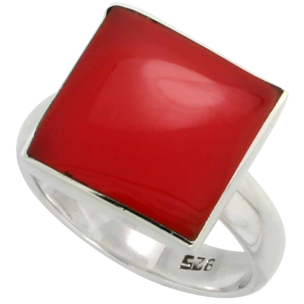 STERLING SILVER RING, W/ 13MM SQUARE-SHAPED RED RESIN, 1/2 INCH (13 MM) WIDE