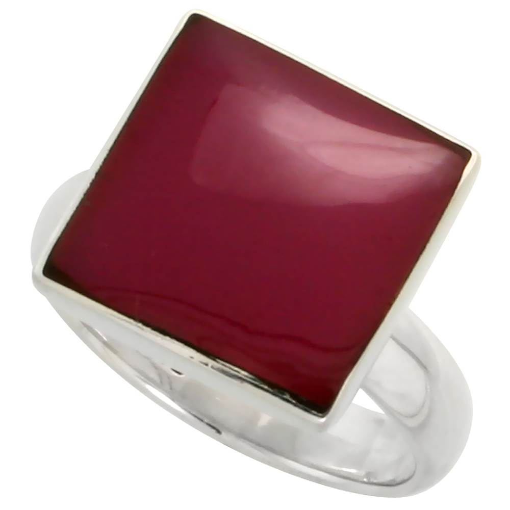 STERLING SILVER RING, W/ 13MM SQUARE-SHAPED PURPLE RESIN, 1/2 INCH (13 MM) WIDE